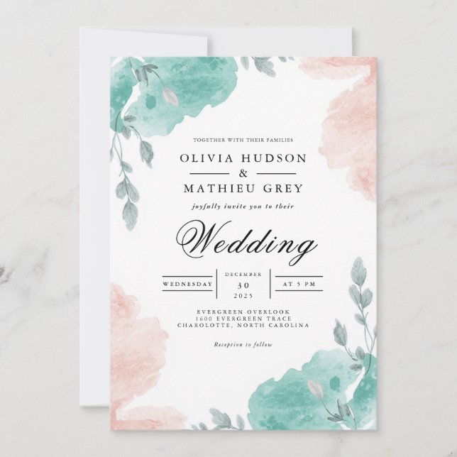 Teal Blush Wash Floral Wedding Inbjudningar (Framsida)