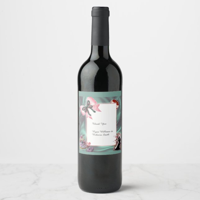 Teal & Blush Wedding Wine Bottle Label Vinflaska Etikett (Framsida)