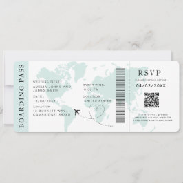 Teal Boarding Pass Destinationsbröllop QR-kod Inbjudningar