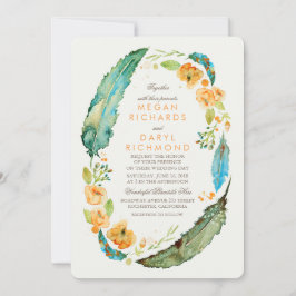 Teal Bohemian Blommigt Feathers Botanical Bröllop Inbjudningar