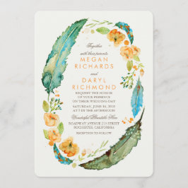 Teal Bohemian Blommigt Feathers Botanical Bröllop Inbjudningar