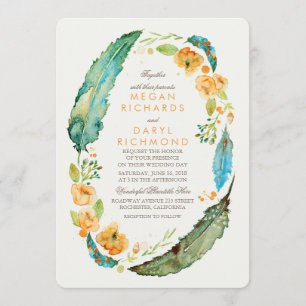 Teal Bohemian Blommigt Feathers Botanical Bröllop Inbjudningar