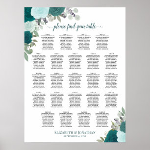 Teal Boho-Blommigt 23 Bord Bröllop-sittplatsdiagra Poster