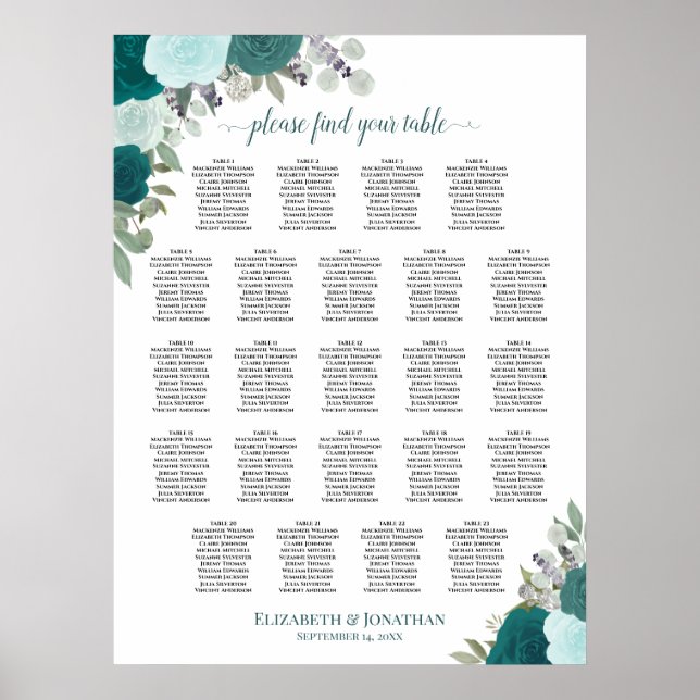 Teal Boho-Blommigt 23 Bord Bröllop-sittplatsdiagra Poster (Framsidan)
