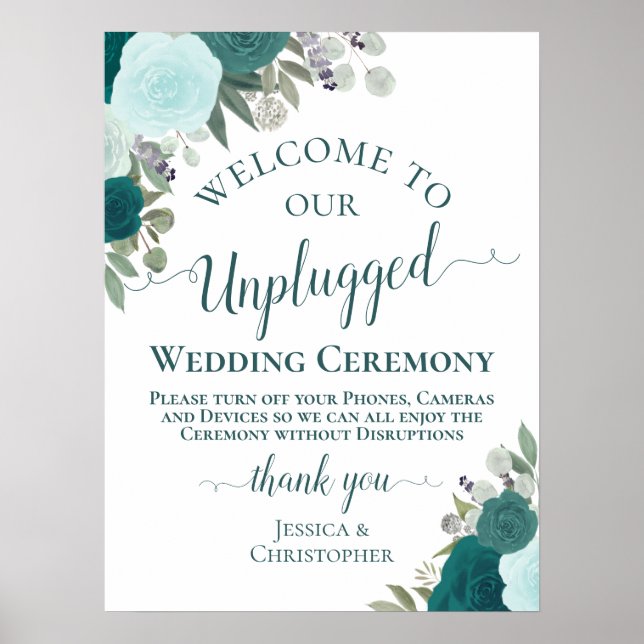 Teal Boho Chic Blommigt Unplugged Bröllop Ceremony Poster (Framsidan)