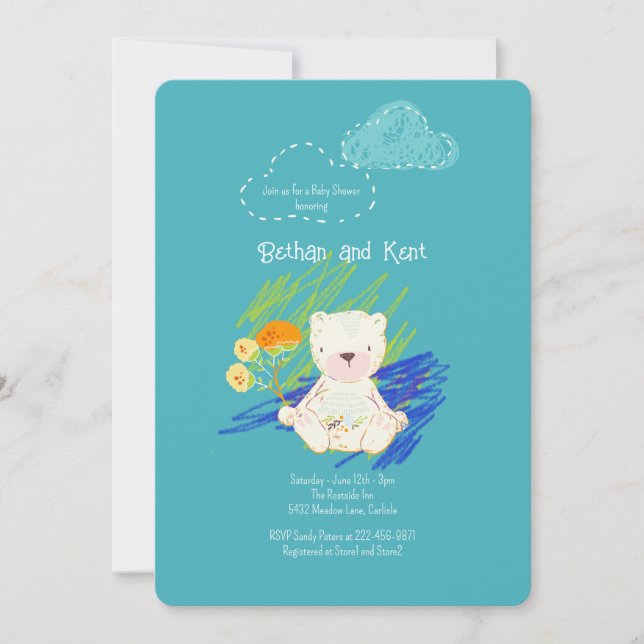 Teal Boho Nalle Baby Shower Inbjudningar (Framsida)
