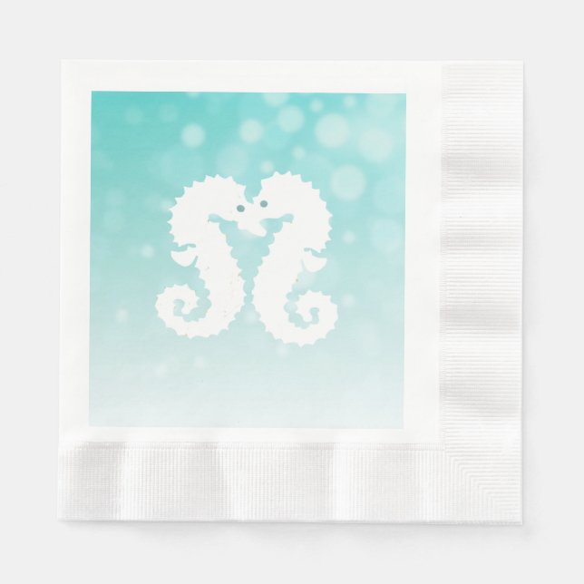 Teal Bokeh Seahorse Kissing Bröllop Napkins Pappersservett (Framsidan)