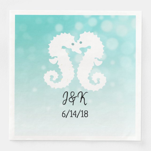 Teal Bokeh Seahorse Kissing Bröllop Napkins Pappersservett (Framsida)