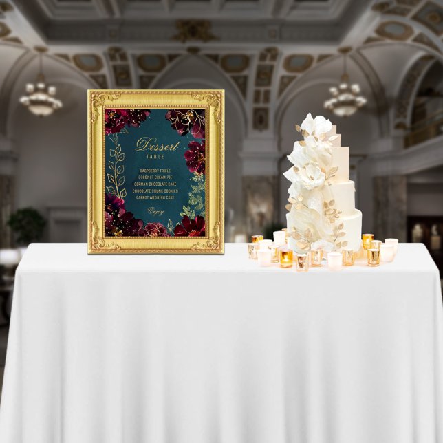 Teal Bordeaux Jewel Tone Bröllop Signs Satin Fototryck (Teal Bordeaux Jewel Tone Wedding Signs suitable to frame for tables or walls. From small to X large.)