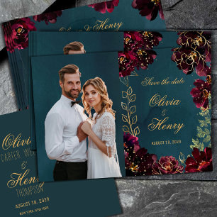Teal Bordeaux Jewel Tone Photo Save Date 2 Inbjudningar