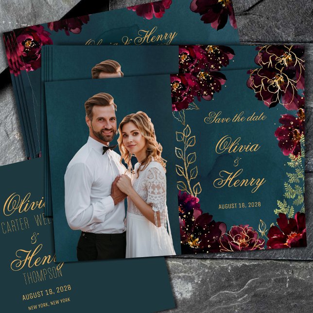 Teal Bordeaux Jewel Tone Photo Save Date 2 Inbjudningar (Skapare uppladdad)