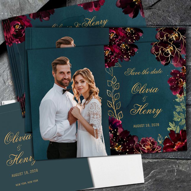 Teal Bordeaux Jewel Tone Photo Save Date Inbjudningar (Skapare uppladdad)
