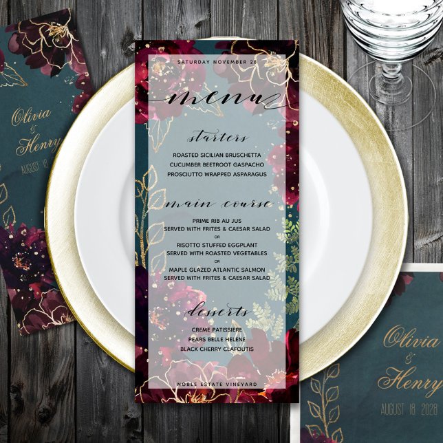 Teal Bordeaux Jewel Tones Bröllop 2 Meny (Teal Bordeaux Jewel Tones Wedding 2 Menu)