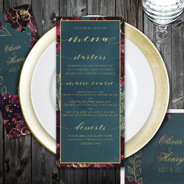 Teal Bordeaux Jewel Tones Bröllop Guld Meny