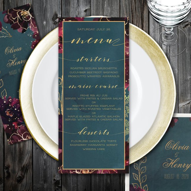 Teal Bordeaux Jewel Tones Bröllop Guld Meny (Teal Bordeaux Jewel Tones Wedding Gold Menu)