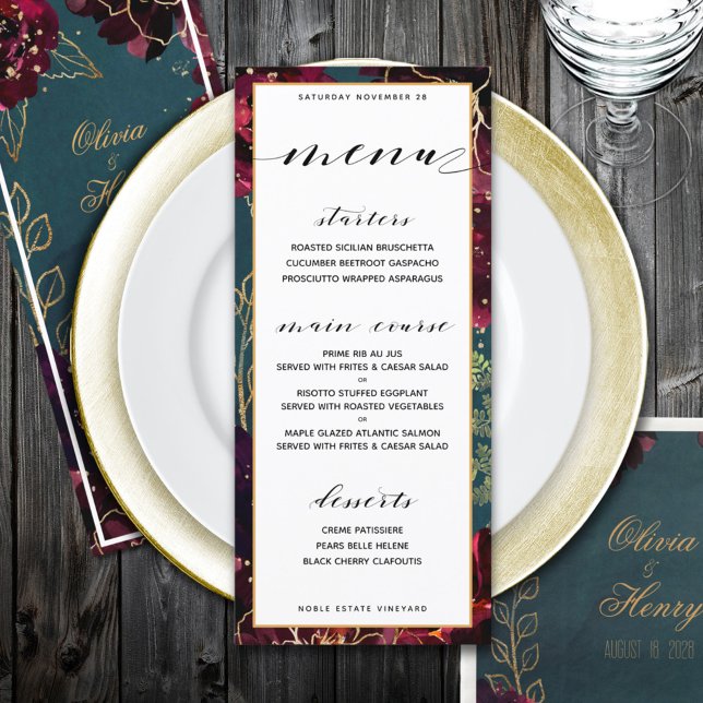 Teal Bordeaux Jewel Tones Bröllop Meny (Teal Bordeaux Jewel Tones Wedding Menu)