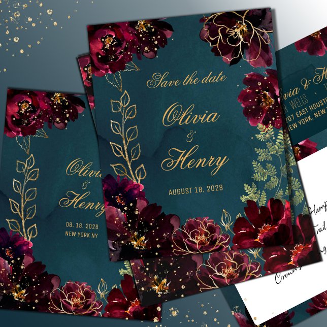 Teal Bordeaux Jewel Tones Bröllop spara datum Inbjudningar (Teal Bordeaux Jewel Tone Wedding Save The Date Invitation. Matching envelope sold separately.)