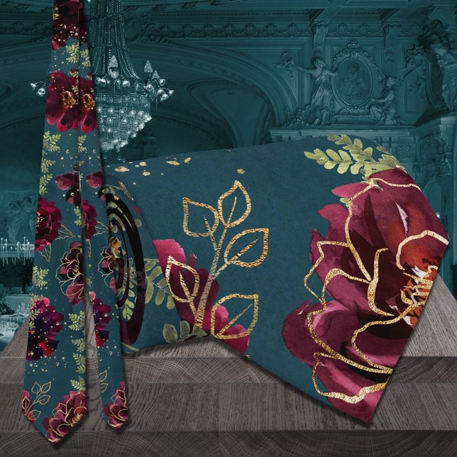 Teal Bordeaux Juvelton Guld Bröllop Slips (Teal Bordeaux Jewel Tone Wedding 2 Neck Tie)