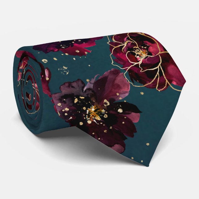 Teal Bordeaux Sapphire Jewel Tone Guld Bröllop Slips (Rullad)