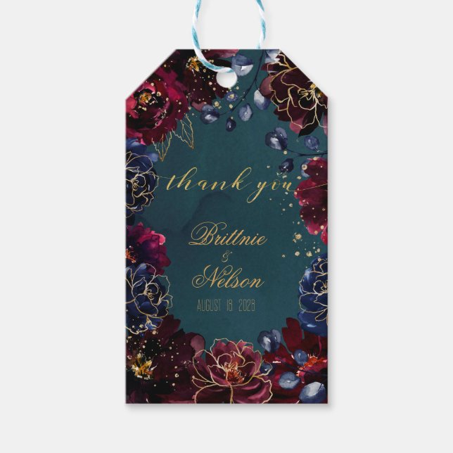 Teal Bordeaux Sapphire Jewel Tones Bröllop Presentetikett (Framsidan)