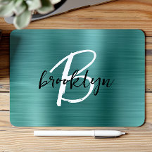 Teal Borstad Metall Svart Vitt Skript Monogram