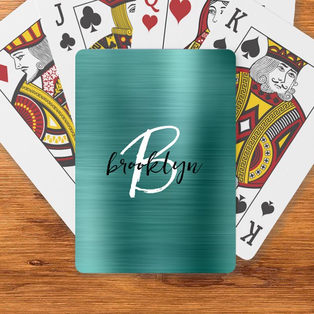 Teal Borstat Metall Svart Vitt Skript Monogram Casinokort (Skapare uppladdad)