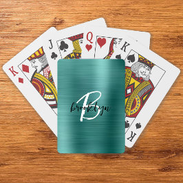 Teal Borstat Metall Svart Vitt Skript Monogram Casinokort