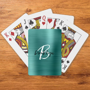 Teal Borstat Metall Svart Vitt Skript Monogram Casinokort
