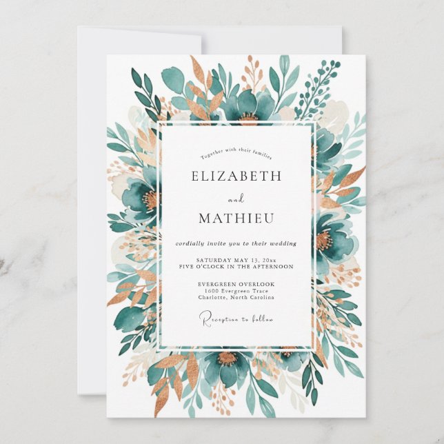 Teal Botanical Bloom Wedding Inbjudningar (Framsida)
