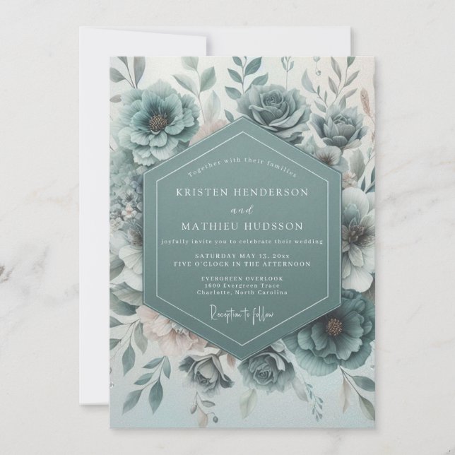 Teal Botanical Bloom Wedding Inbjudningar (Framsida)
