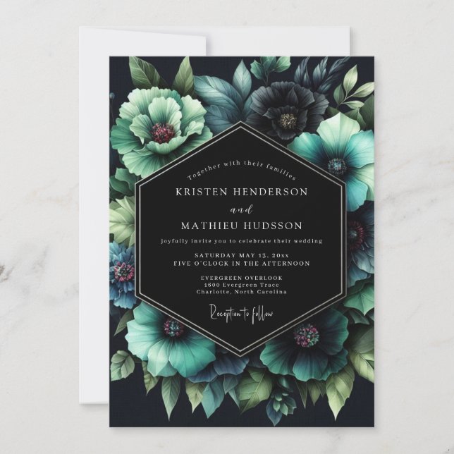 Teal Botanical Nocturne Wedding Inbjudningar (Framsida)