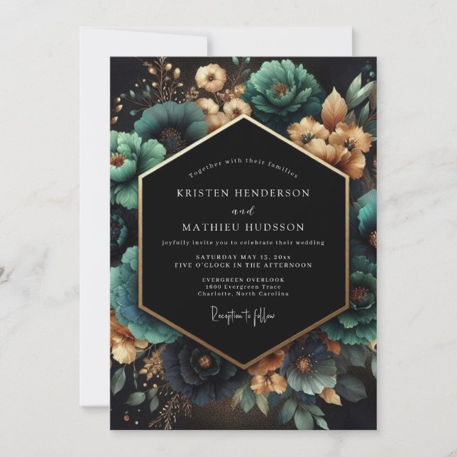 Teal Botanical Opulent Wedding Inbjudningar (Framsida)