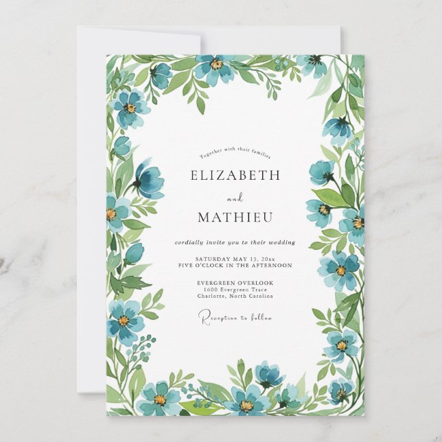 Teal Botanical Spring Wedding Inbjudningar (Framsida)