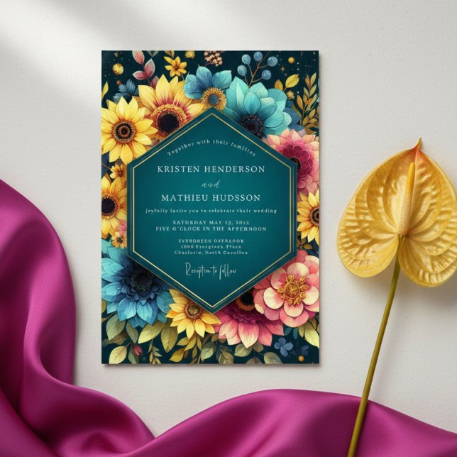 Teal Botanisk Bröllopsblomning Inbjudningar (Skapare uppladdad)