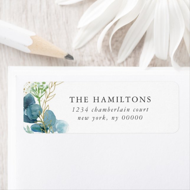 Teal Botanisk Elegant Watercolor Bröllop Returadress Etikett (Insitu)