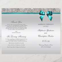 Teal Bow Silver Sequins Bröllop Ceremony-programme
