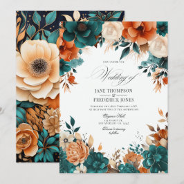 Teal Bränd Orange & Champagne Blommig Bröllop Inbjudningar