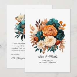 Teal Bränd Orange & Champagne Blommig Bröllop Tack Kort