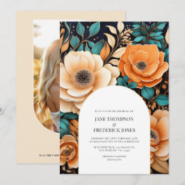 Teal Bränd Orange Champagne Foto QR-kod Bröllop Inbjudningar