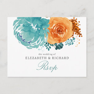 Teal Bränt Orange Blommig Höstbröllop RSVP Vykort