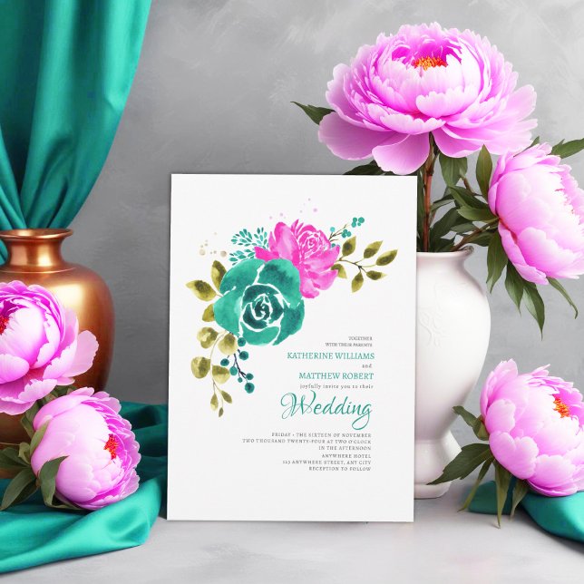 Teal Bright Rosa Blommigt Bröllop Inbjudningar (Skapare uppladdad)