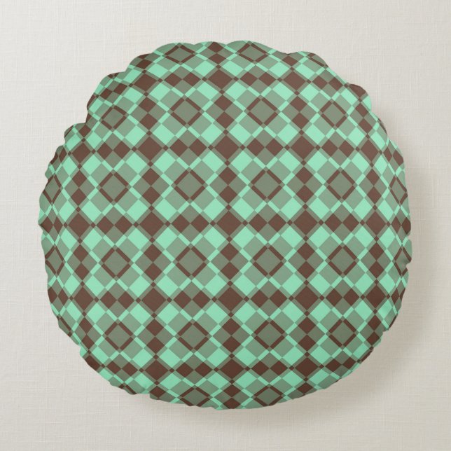 Teal Brown Checker Argyle Pattern Rund Kudde (Framsidan)