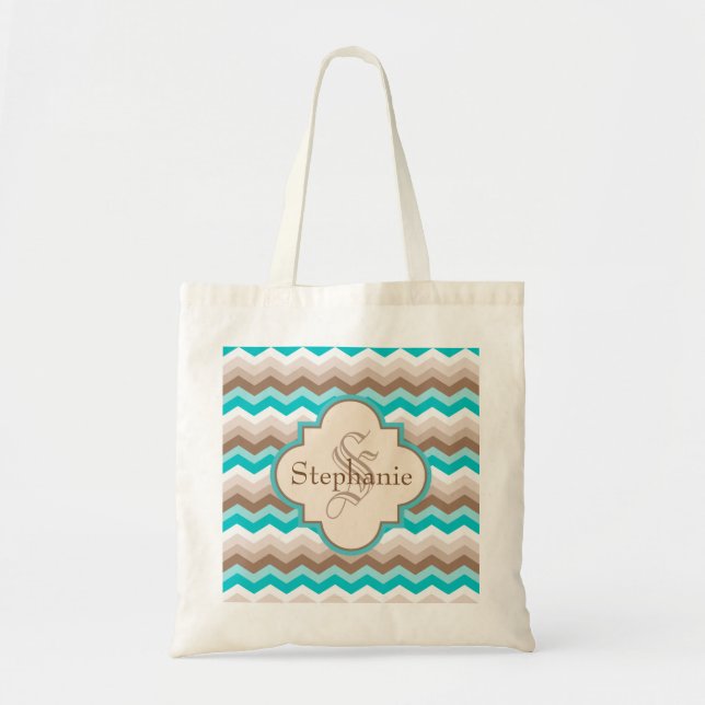 Teal Brown Chevron Modern Monogram Tygkasse (Framsidan)