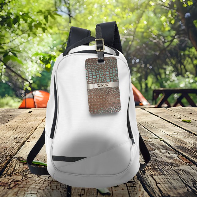 Teal Brown Digital Leather Titanium Metall Monogra Bagagebricka (Skapare uppladdad)