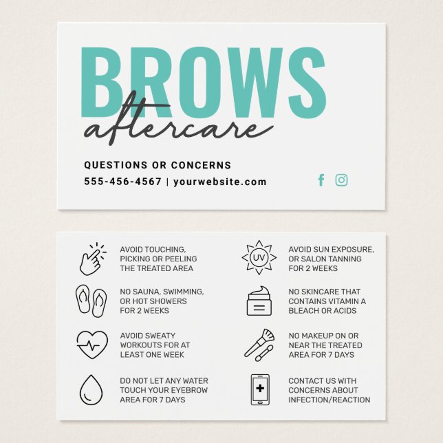 Teal Brows Aftercare PMU Brow Instructions Card Visitkort (Framsida & baksida)
