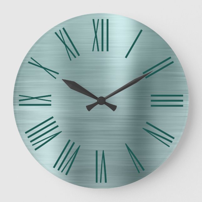 Teal Brushed Foil Mörk Turcos Roman Numerals Stor Klocka (Framsida)
