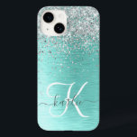 Teal Brushed Metall Silver Glitter Monogram Namn<br><div class="desc">Anpassa enkelt den här chicen av trendig-väska med söt silver mousserande glitter på en teal borstad metallbakgrund.</div>