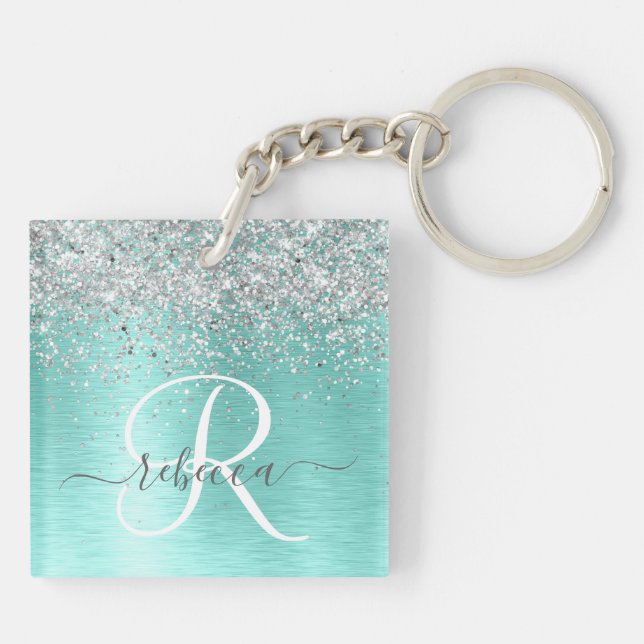 Teal Brushed Metall Silver Glitter Monogram Namn (Baksidan)