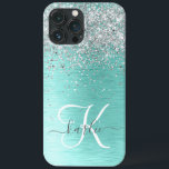 Teal Brushed Metall Silver Glitter Monogram Namn<br><div class="desc">Anpassa enkelt den här chicen av trendig-väska med söt silver mousserande glitter på en teal borstad metallbakgrund.</div>