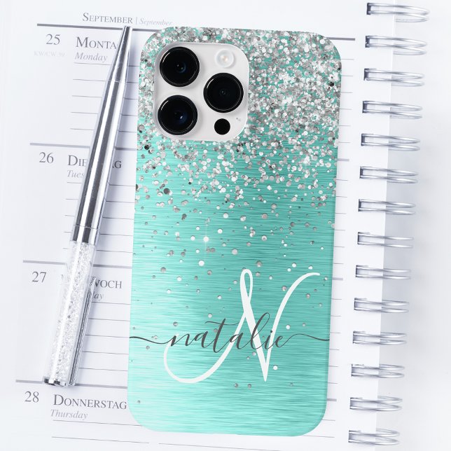Teal Brushed Metall Silver Glitter Monogram Namn (Skapare uppladdad)